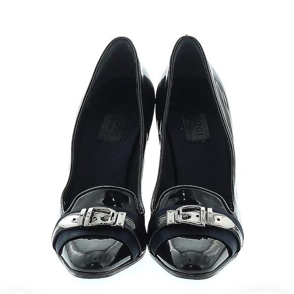 Gucci Black Patent Leather Pumps Silver Buckle Blue Satin Heels Sz EU 36 - Picture 1 of 10
